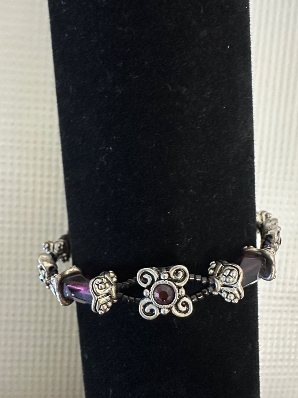 Beaded Silver-Tone and Deep Purple Bracelet - Women Jewelry